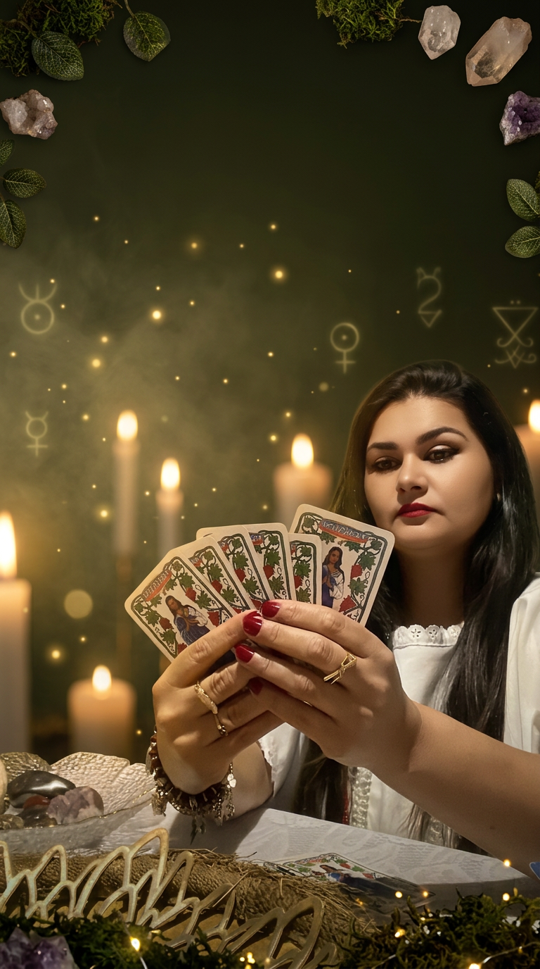 Camila de Obara realizando leitura de cartas em seu altar espiritual